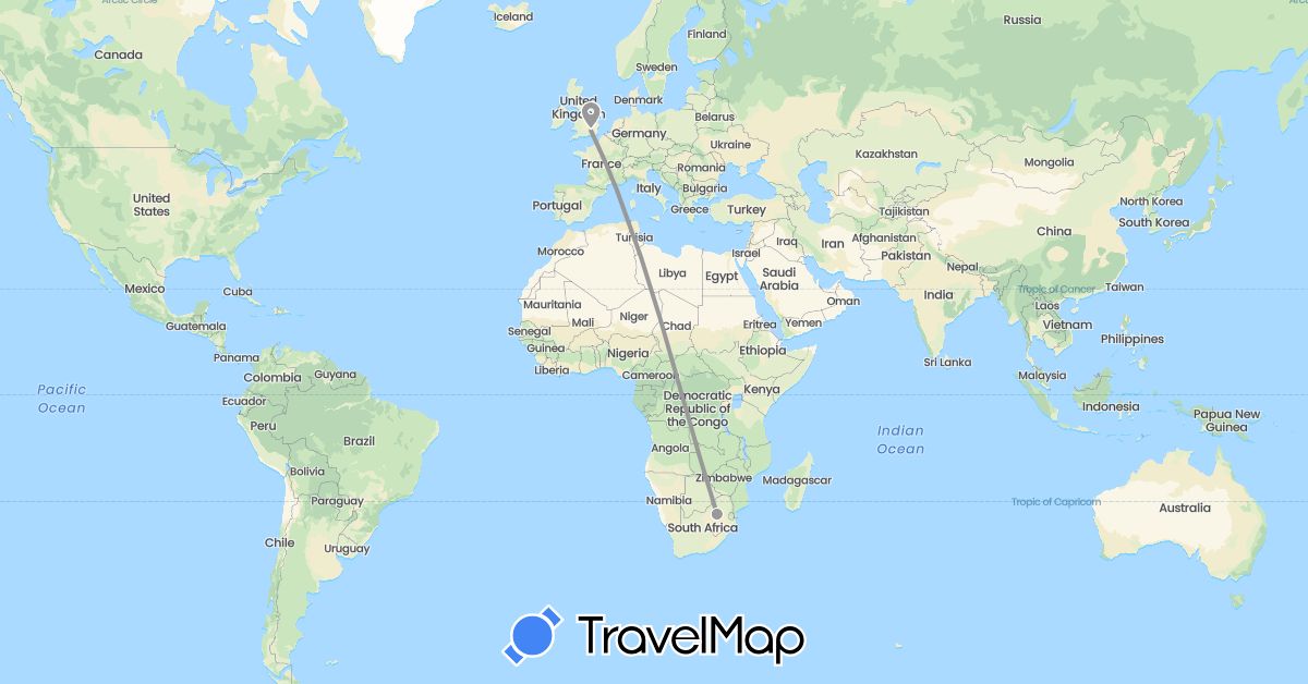TravelMap itinerary: driving, plane in United Kingdom, South Africa (Africa, Europe)